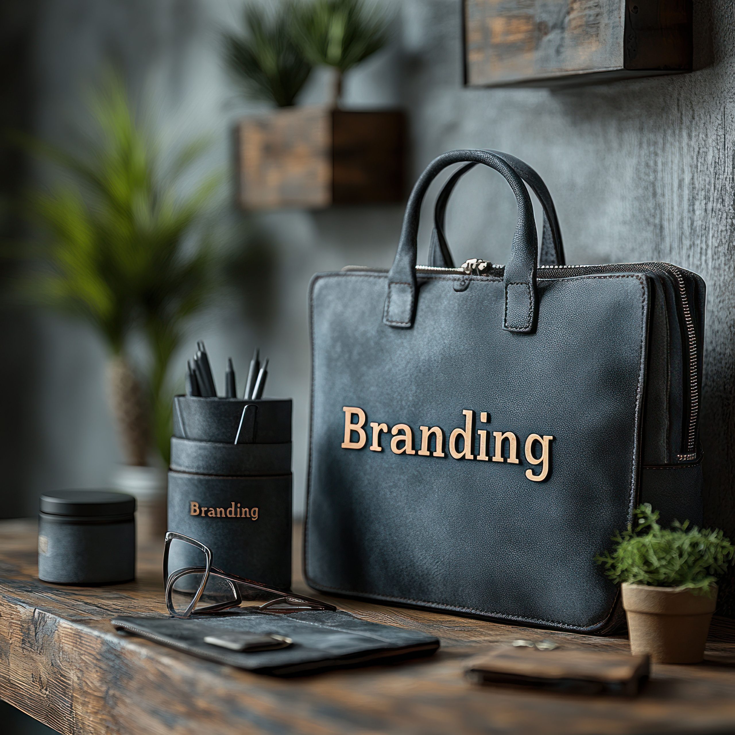 A black leather briefcase with the word "Branding" embossed on it sits on a wooden desk with a pencil holder, a notepad, glasses, and small plants.