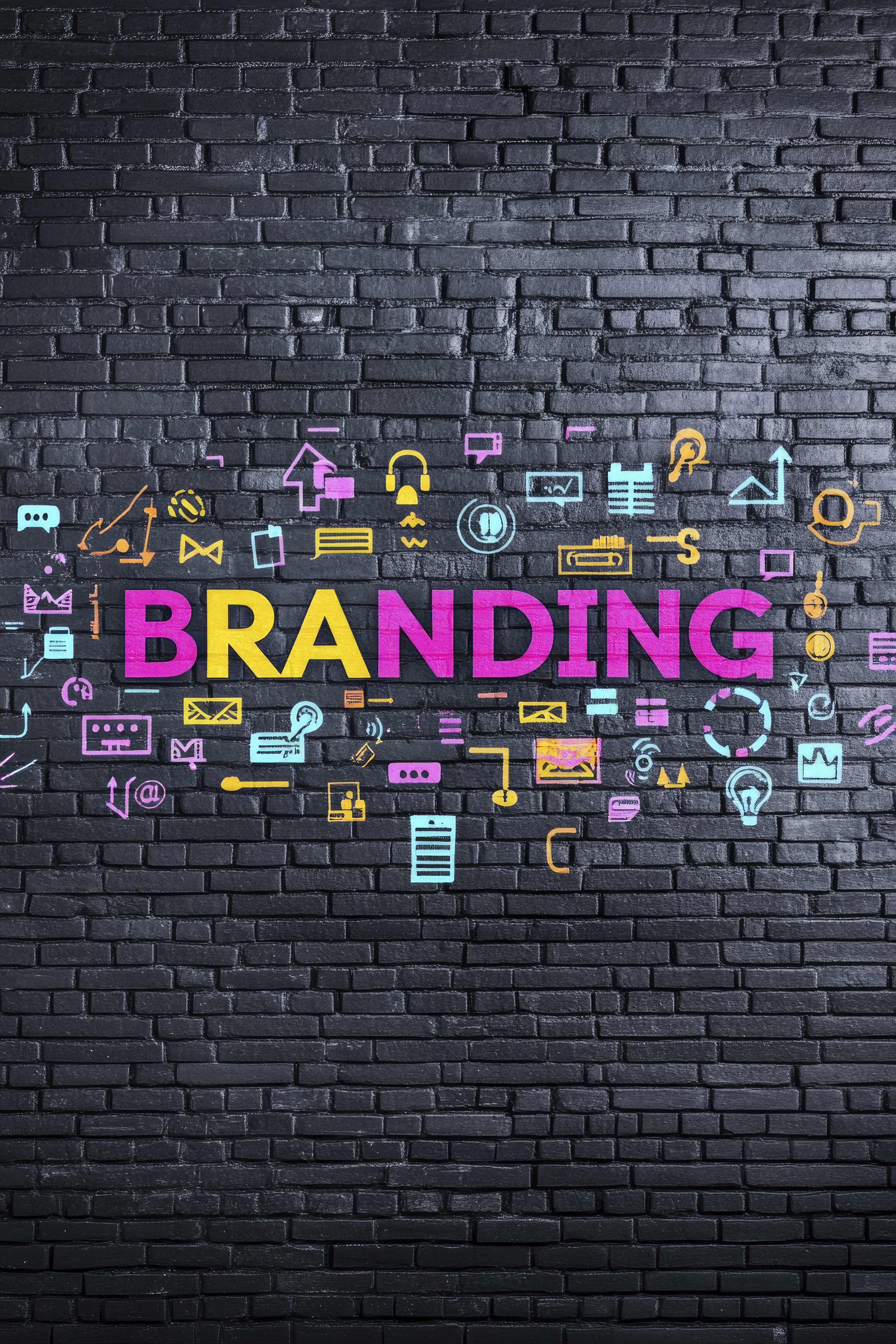 A black brick wall with the word BRANDING written in colorful letters, surrounded by digital marketing icons and symbols